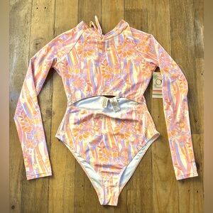 OP OCEAN PACIFIC Floral Retro Pattern Long Sleeve Swimsuit 70s Surfer
